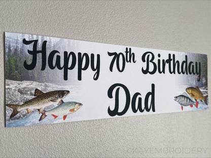 Fishing birthday banner with fish and nature theme. Personalised with happy age birthday and name