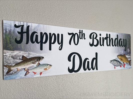 Fishing birthday banner with fish and nature theme. Personalised with happy age birthday and name