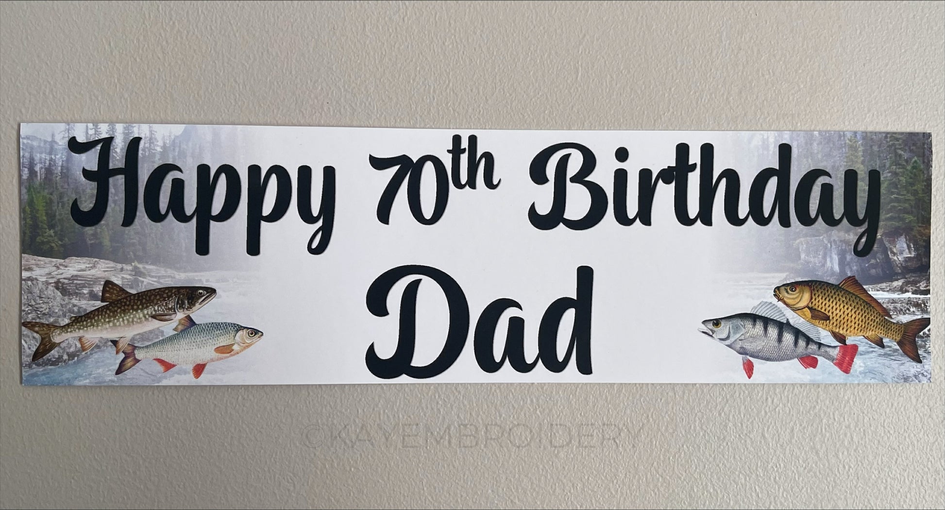 Fishing birthday banner with fish and nature theme. Personalised with happy age birthday and name