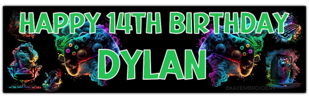 birthday banner with multicolour controller, PC, Headphones, keyboard, Chair gaming theme personalised with name and age in Green Text