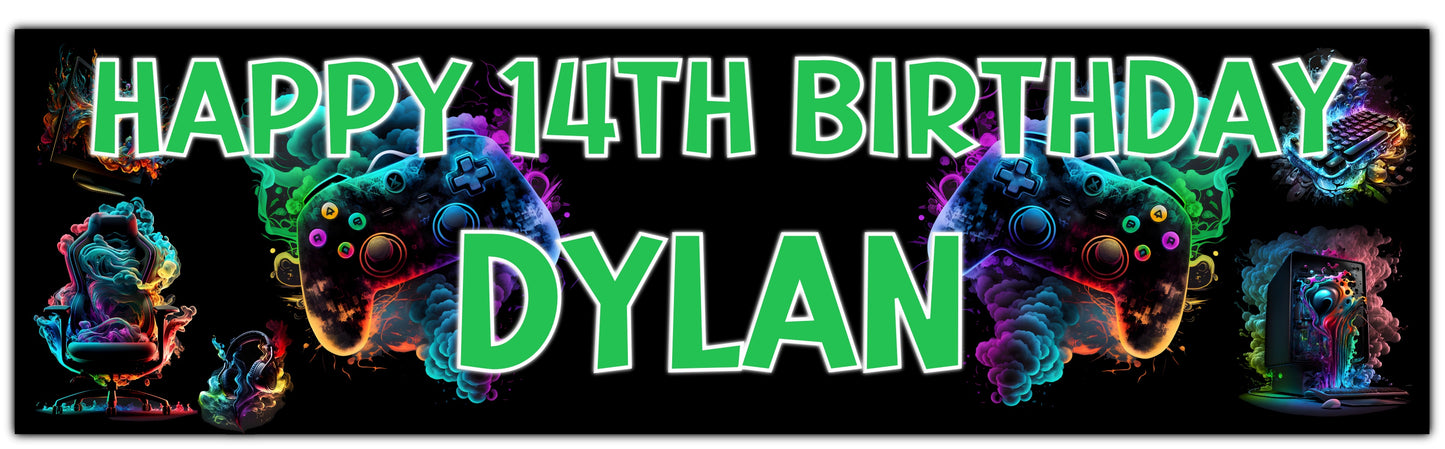 Gaming Gamer Birthday Banner Personalised with Name and Age in Green Text