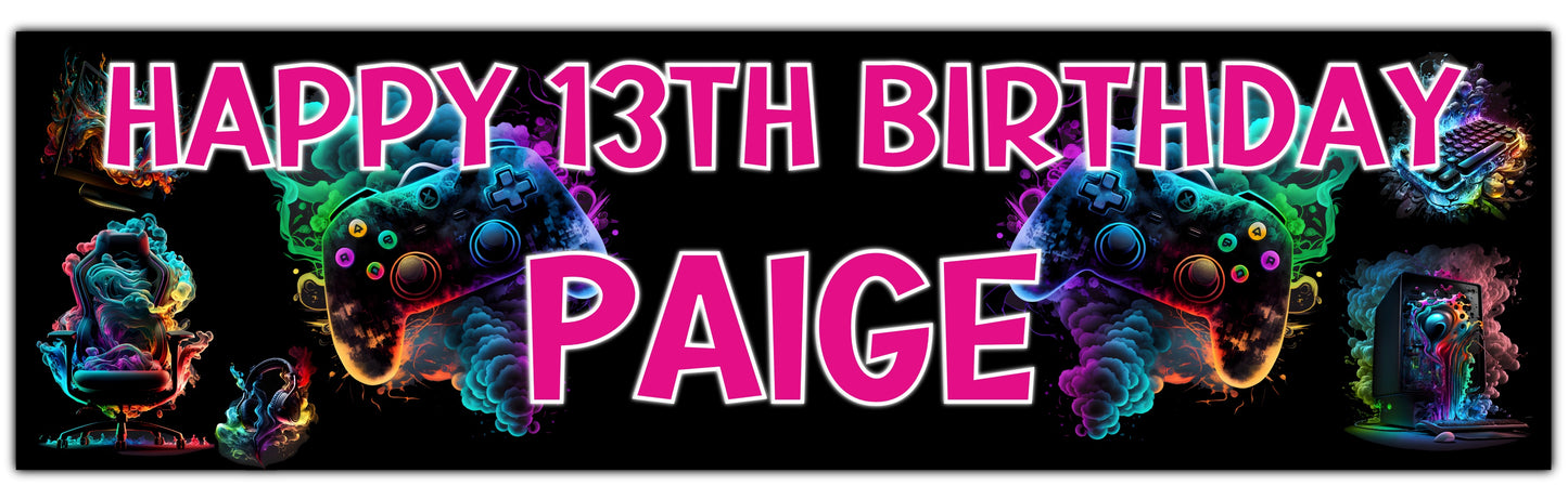 Gaming Gamer Birthday Banner Personalised with Name and Age in pink Text
