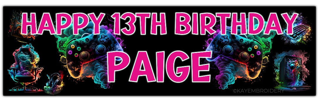 birthday banner with multicolour controller, PC, Headphones, keyboard, Chair gaming theme personalised with name and age in pink Text
