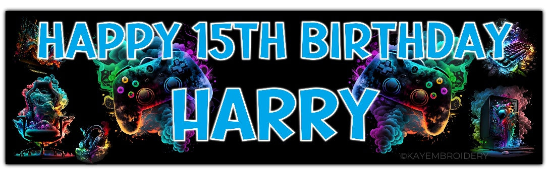 birthday banner with multicolour controller, PC, Headphones, keyboard, Chair gaming theme personalised with name and age in blue Text