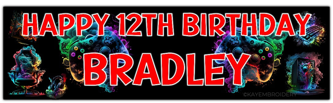 birthday banner with multicolour controller, PC, Headphones, keyboard, Chair gaming theme personalised with name and age in red Text