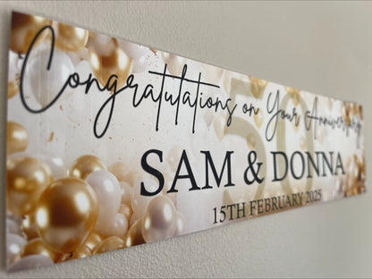 Anniversary Banner with Gold and White Balloons. Personalised with Names, number of years and date