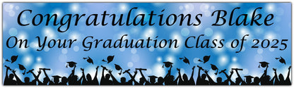 Graduation Bokeh Celebration Banner in Blue, Personalised with congratulations name on your graduation class of 2025