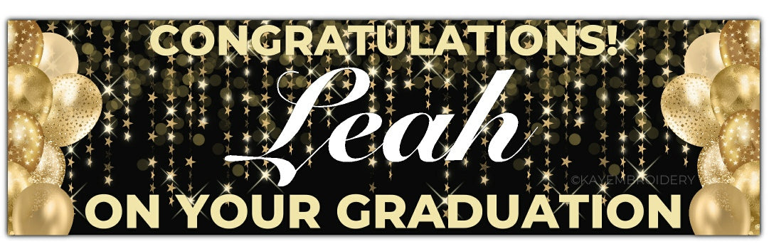 Black graduation banner with stars and balloons in gold. Personalised with congratulations name and on your graduation