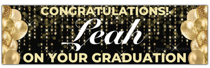 Black graduation banner with stars and balloons in gold. Personalised with congratulations name and on your graduation