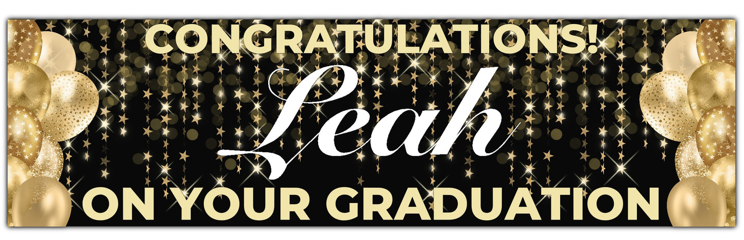 Black graduation banner with stars and balloons in gold. Personalised with congratulations name and on your graduation