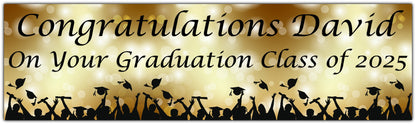 Graduation Bokeh Celebration Banner in Gold, Personalised with congratulations name on your graduation class of 2025