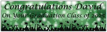 Graduation Bokeh Celebration Banner in Green, Personalised with congratulations name on your graduation class of 2025