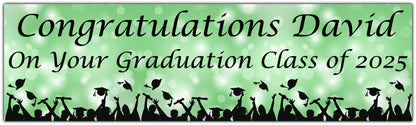 Graduation Bokeh Celebration Banner in Light Green, Personalised with congratulations name on your graduation class of 2025