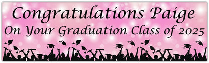 Graduation Bokeh Celebration Banner in Light Pink, Personalised with congratulations name on your graduation class of 2025