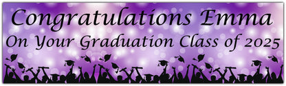 Graduation Bokeh Celebration Banner in Purple, Personalised with congratulations name on your graduation class of 2025