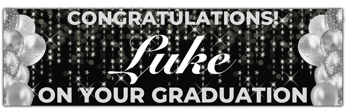 Black graduation banner with stars and balloons in silver. Personalised with congratulations name and on your graduation
