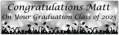 Graduation Bokeh Celebration Banner in Silver, Personalised with congratulations name on your graduation class of 2025