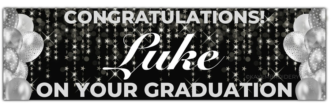 Black graduation banner with stars and balloons in silver. Personalised with congratulations name and on your graduation