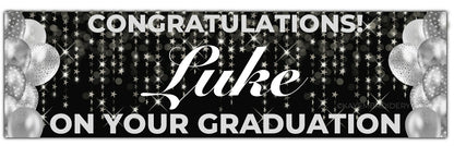 Black graduation banner with stars and balloons in silver. Personalised with congratulations name and on your graduation