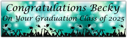 Graduation Bokeh Celebration Banner in Teal, Personalised with congratulations name on your graduation class of 2025