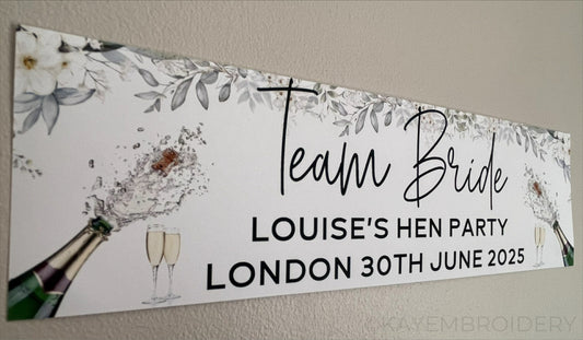 Team Bride Hen Party Banner with Champagne and floral background, Personalised with name, place and date