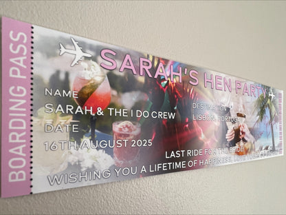 Hen party Boarding pass style Banner personalised with name, Date, place and message of your choice