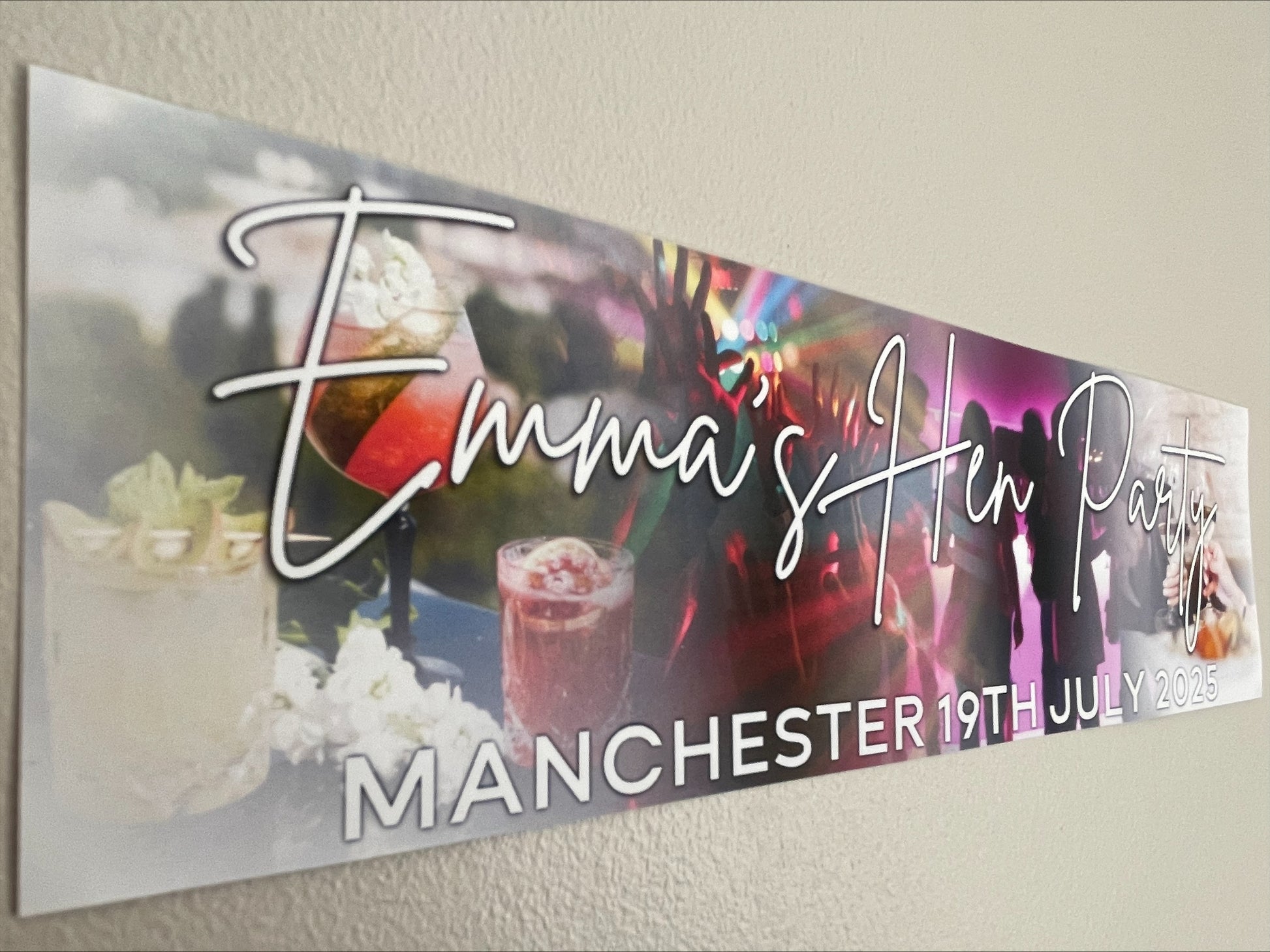 Hen party banner with cocktails and party theme. Personalised with Name, hen party, Place and date