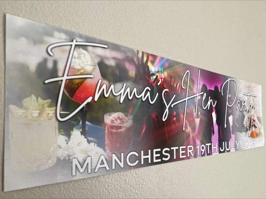 Hen party banner with cocktails and party theme. Personalised with Name, hen party, Place and date