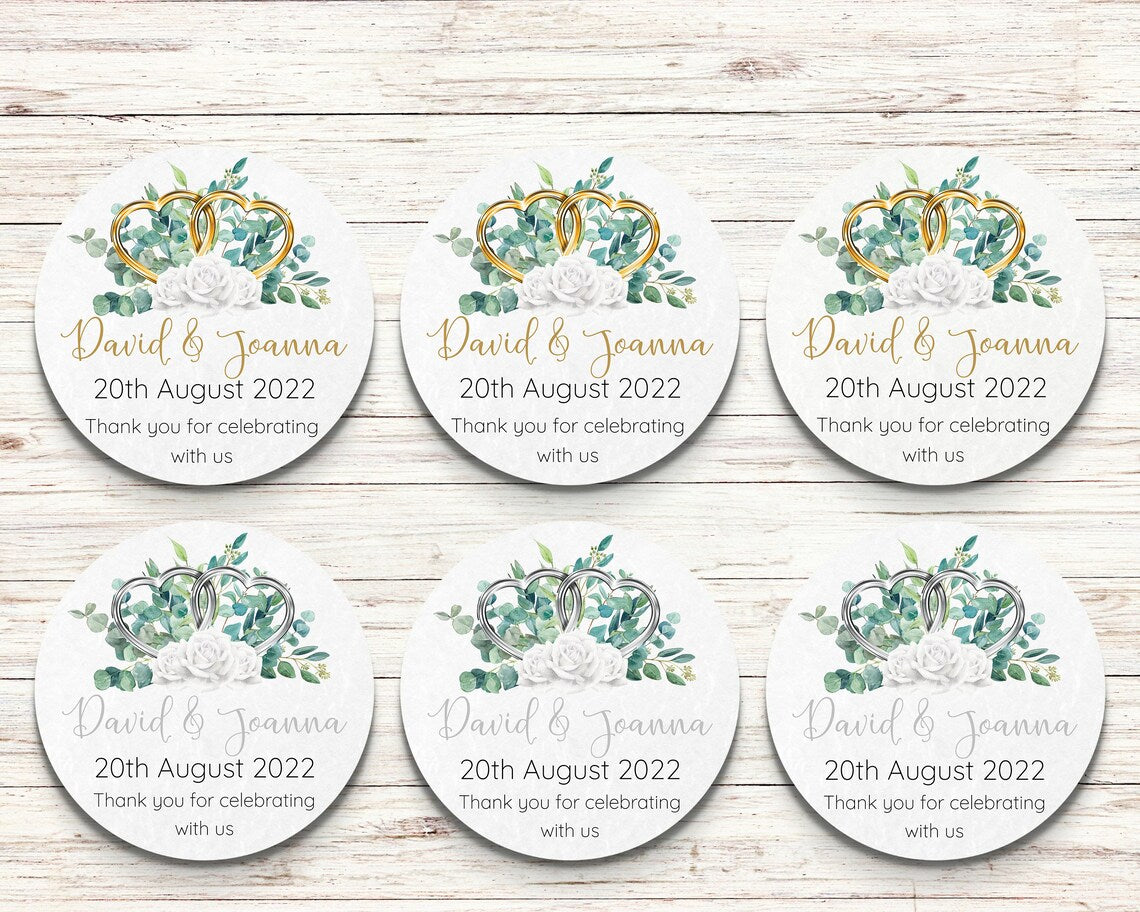 Wedding Hearts and Eucalyptus Personalised Round stickers