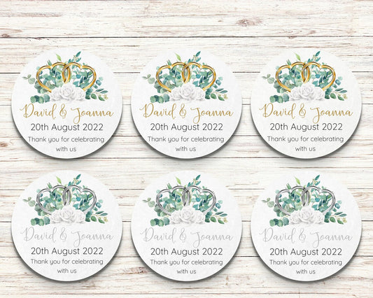 Wedding Hearts and Eucalyptus Personalised Round stickers