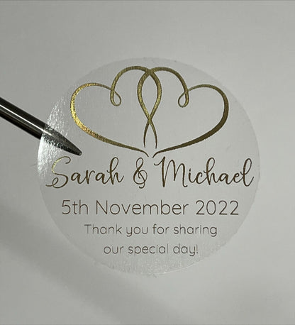 Wedding Hearts Personalised Foiled 24pk 50mm Clear Round Stickers
