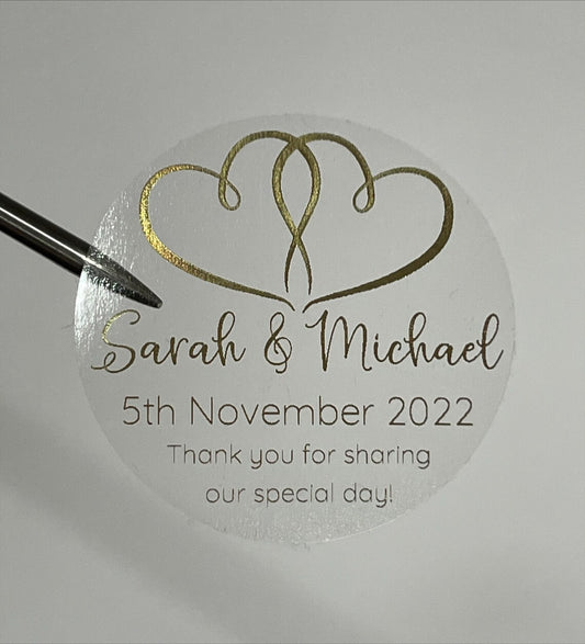 Wedding Hearts Personalised Foiled 24pk 50mm Clear Round Stickers