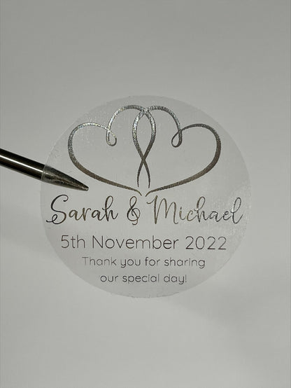 Wedding Hearts Personalised Foiled 24pk 50mm Clear Round Stickers