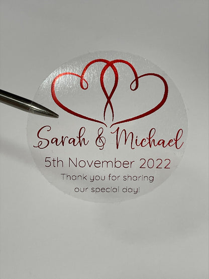 Wedding Hearts Personalised Foiled 24pk 50mm Clear Round Stickers