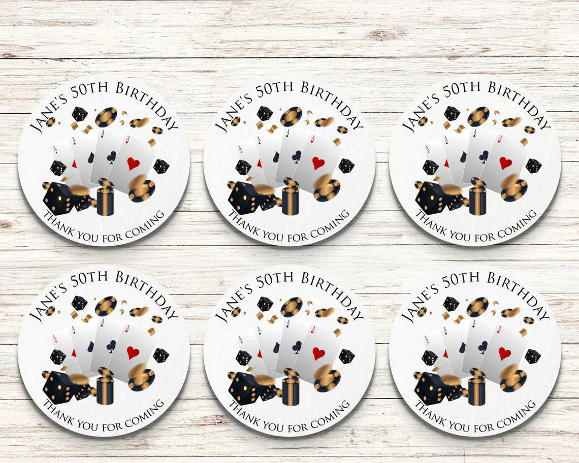 Casino Personalised Birthday Stickers Black and Gold
