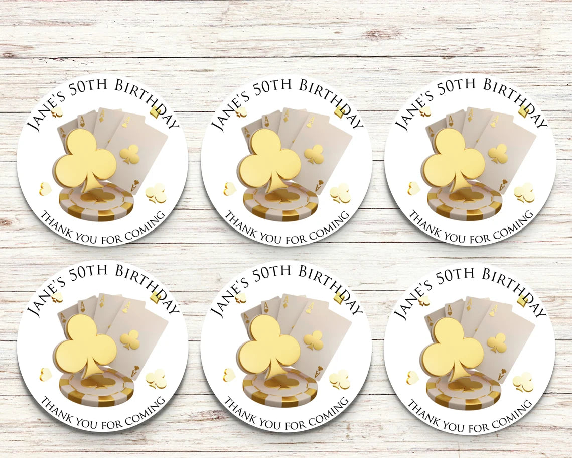 Casino Personalised Birthday Stickers White and Gold