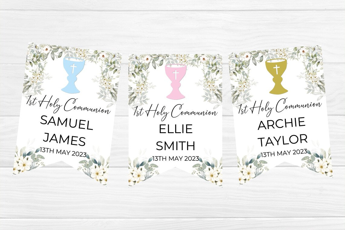 1st Holy Communion Personalised Bunting With Flowers and Chalice Design