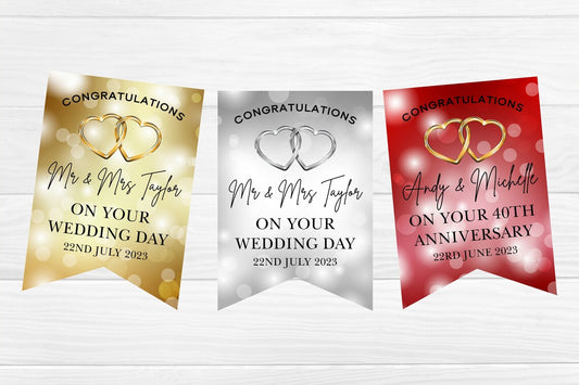 Personalised Wedding, Engagement or Anniversary Bunting with Gold/Silver hearts