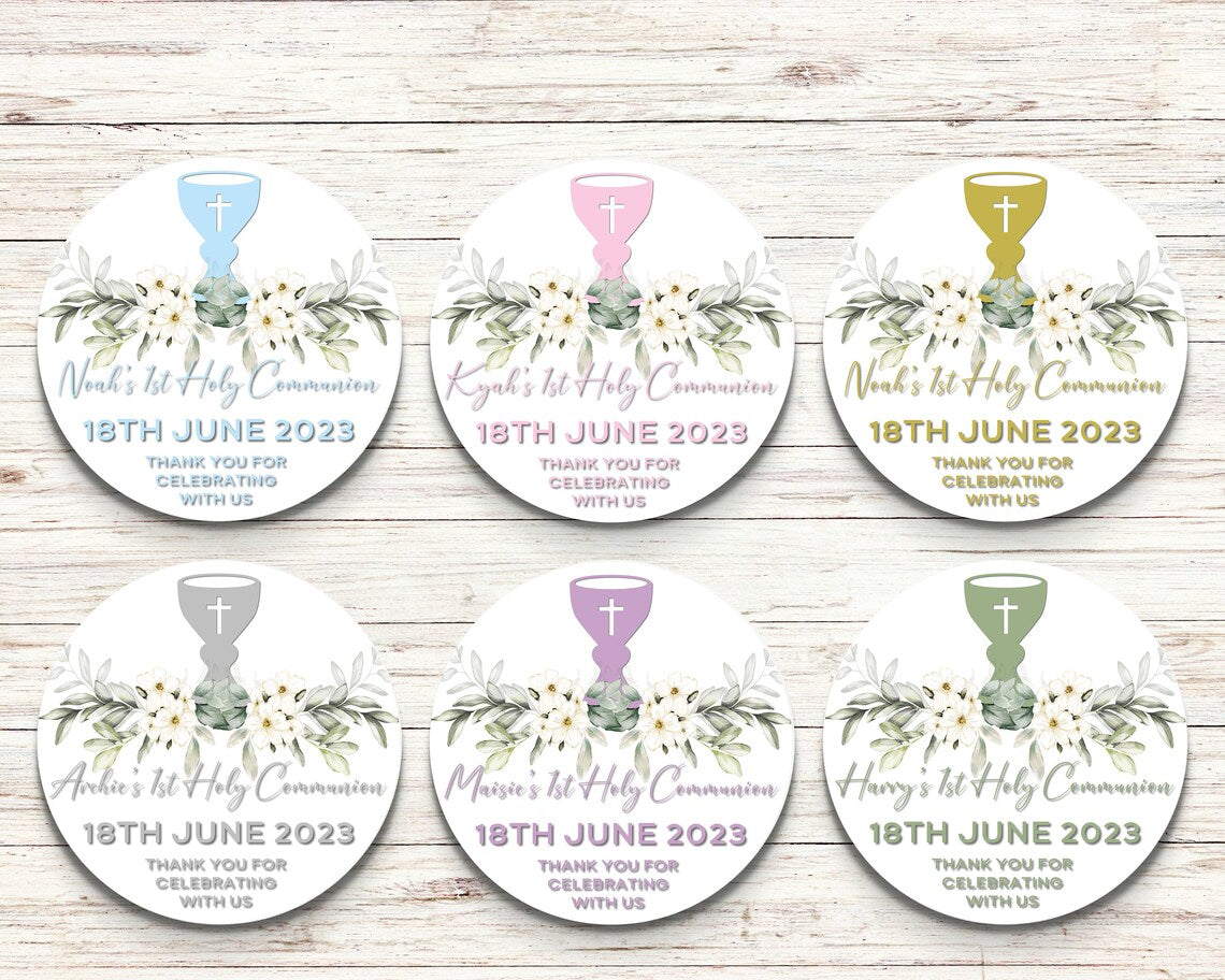 1st Holy Communion Round Stickers chalice with Flowers, Personalised, Different Sizes Available