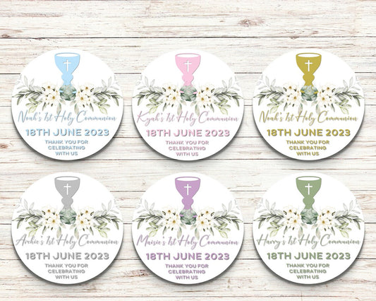 1st Holy Communion Round Stickers chalice with Flowers, Personalised, Different Sizes Available