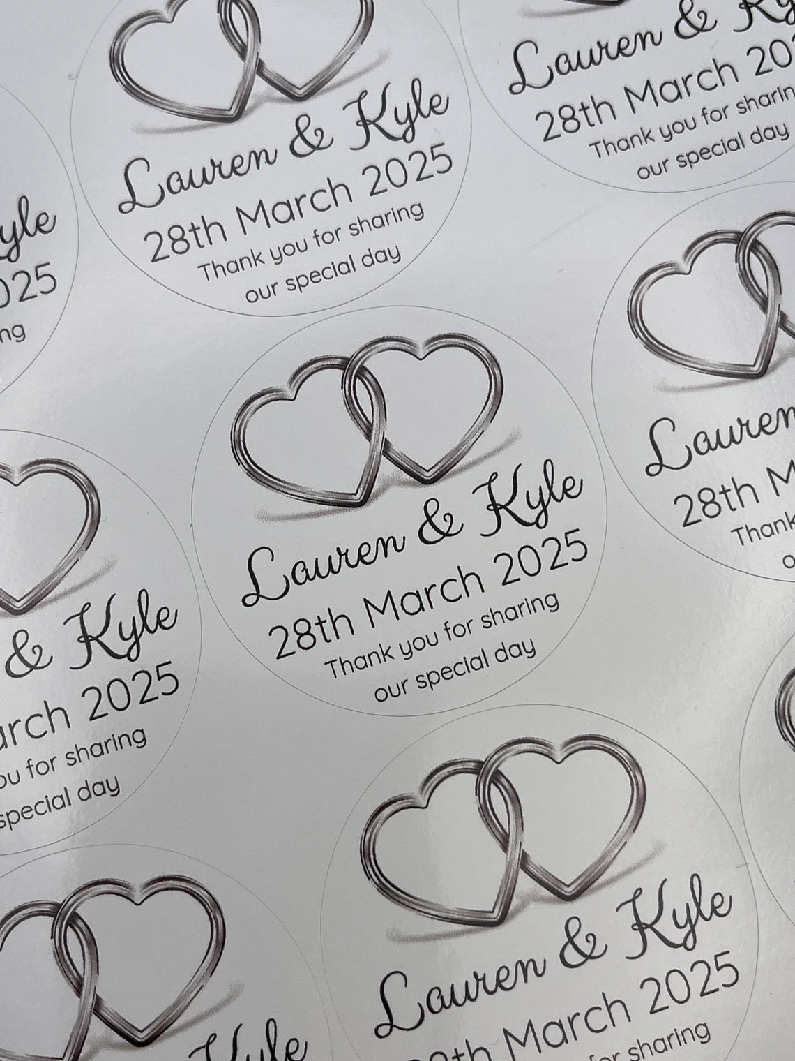 Wedding Hearts Silver or Gold Personalised Round stickers for favours