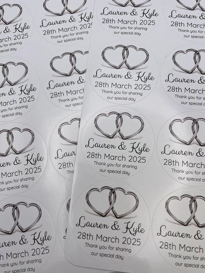 Wedding Hearts Silver or Gold Personalised Round stickers for favours