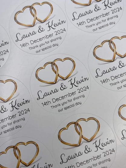 Wedding Hearts Silver or Gold Personalised Round stickers for favours