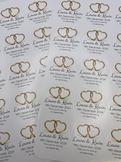 Wedding Hearts Silver or Gold Personalised Round stickers for favours