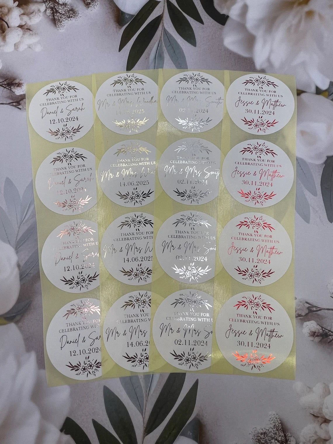 Personalised Wedding Floral Foiled 24pk 50mm White or Clear round stickers for favours, cake boxes etc
