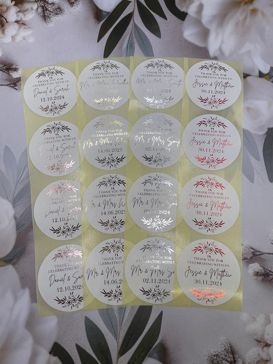 Personalised Wedding Floral Foiled 24pk 50mm White or Clear round stickers for favours, cake boxes etc