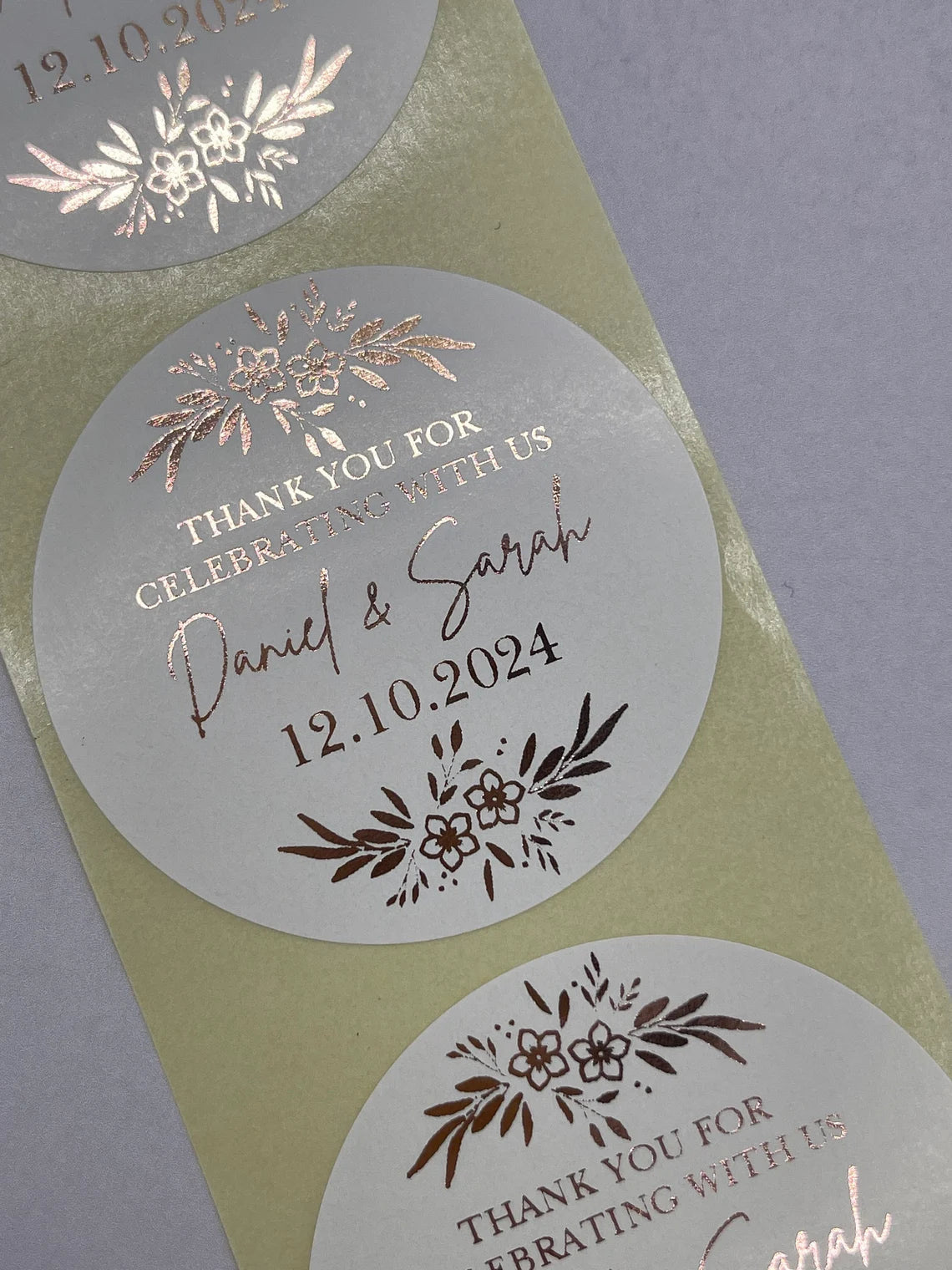 Personalised Wedding Floral Foiled 24pk 50mm White or Clear round stickers for favours, cake boxes etc