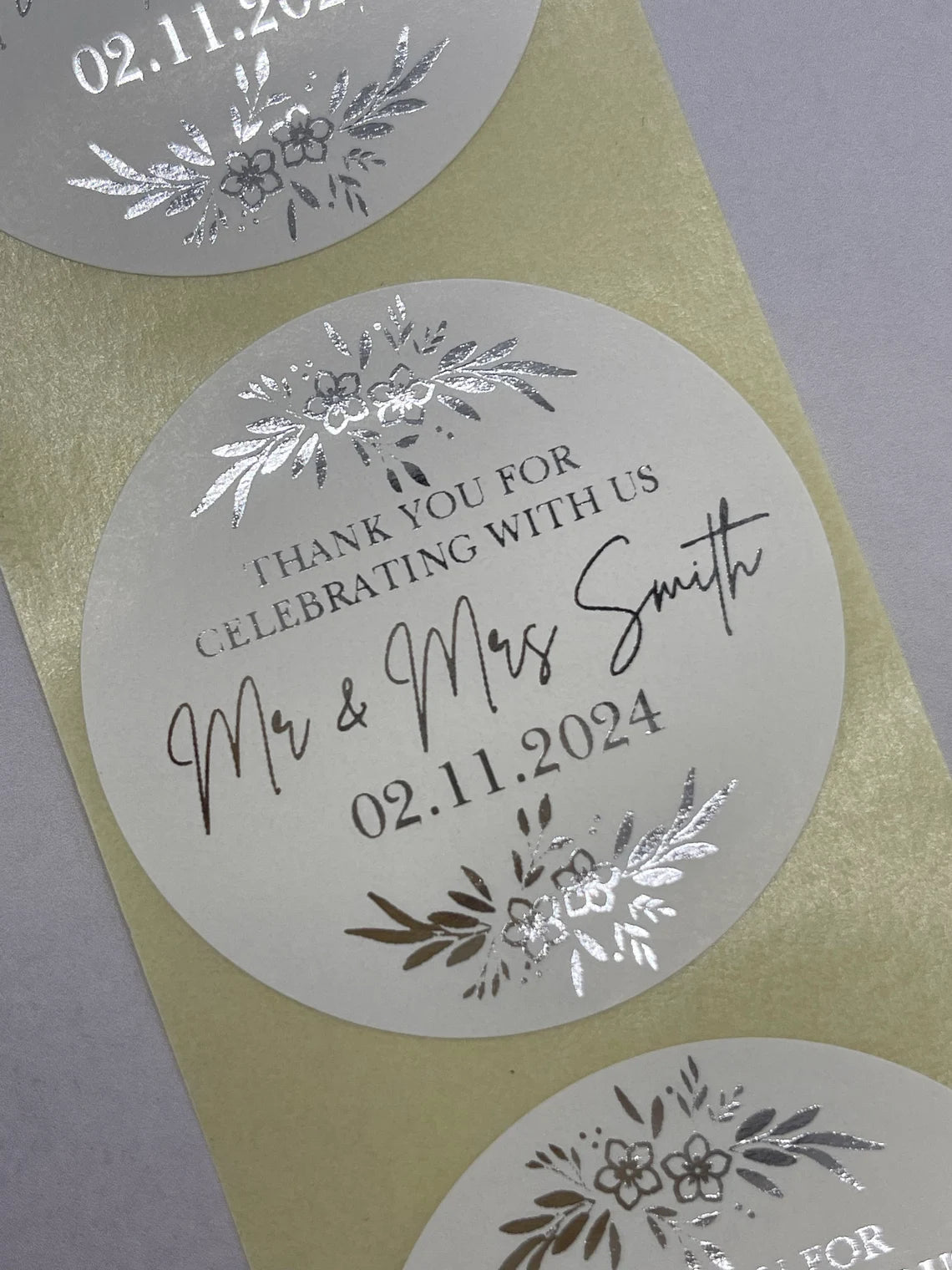 Personalised Wedding Floral Foiled 24pk 50mm White or Clear round stickers for favours, cake boxes etc