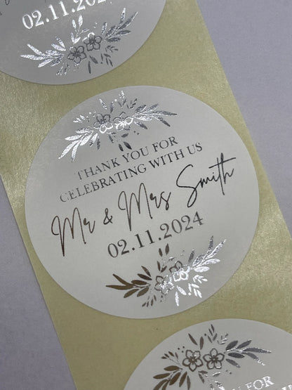 Personalised Wedding Floral Foiled 24pk 50mm White or Clear round stickers for favours, cake boxes etc