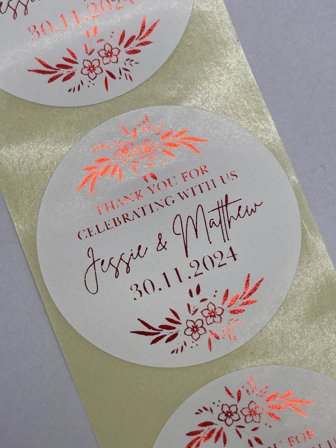 Personalised Wedding Floral Foiled 24pk 50mm White or Clear round stickers for favours, cake boxes etc